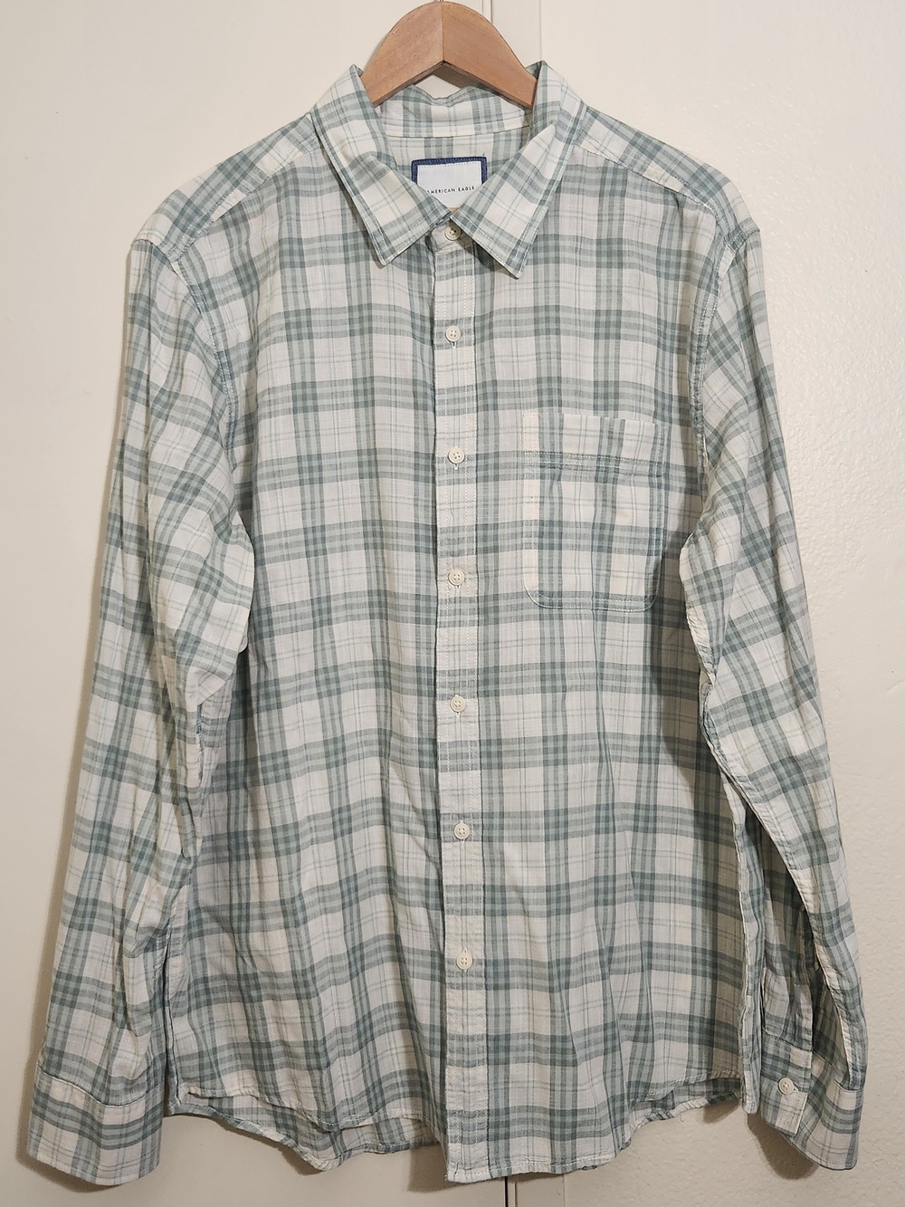 American Eagle Outfitters Light Green and White Plaid Button-Down Shirt